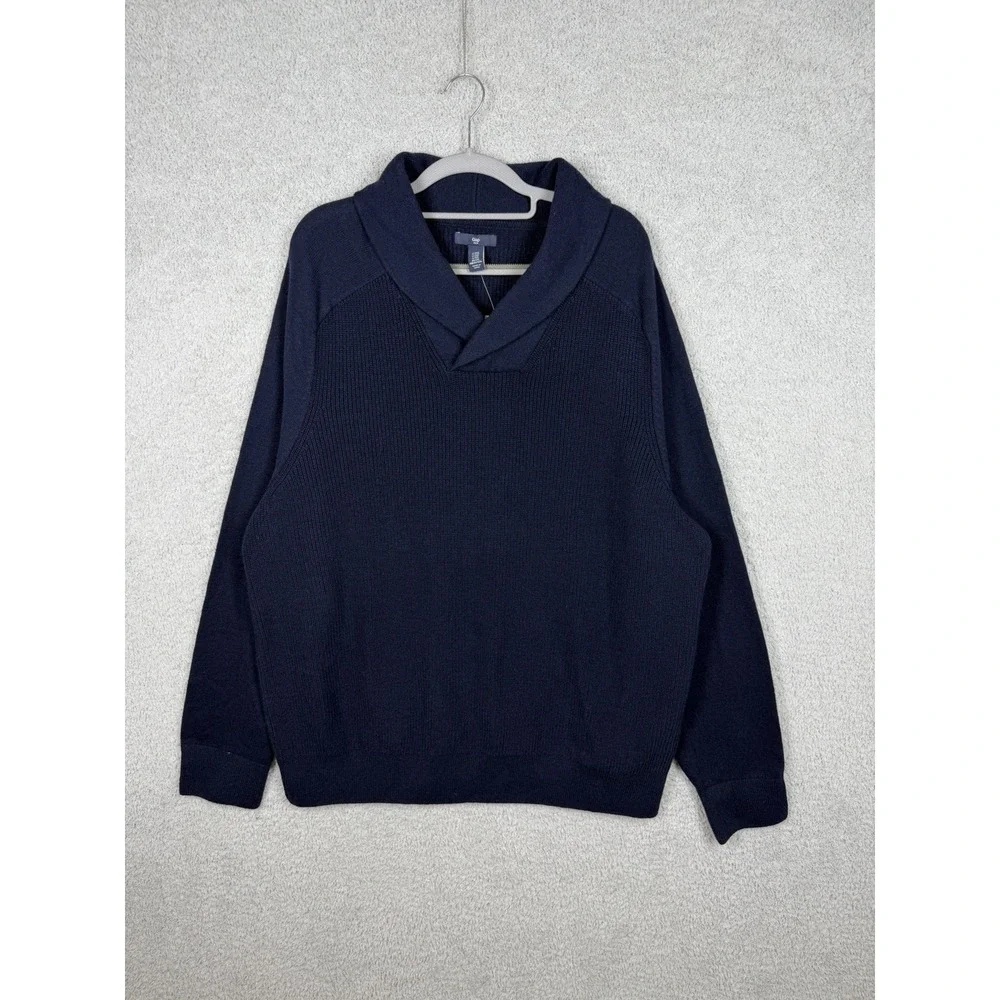NWT Gap Sweater Mens 2XL Navy Blue Shawl Collar Solid Rib Cotton Pullover